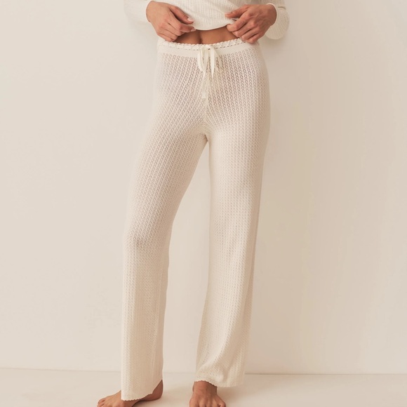 Doen Evonne Pointelle Knit Waist Ribbon Tie Pants Ivory - Picture 1 of 12